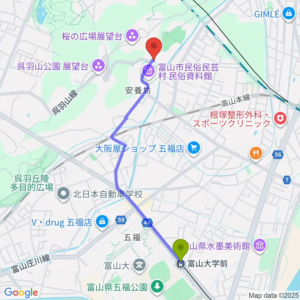 富山市民俗民芸村の最寄駅大学前駅からの徒歩ルート（約21分）地図