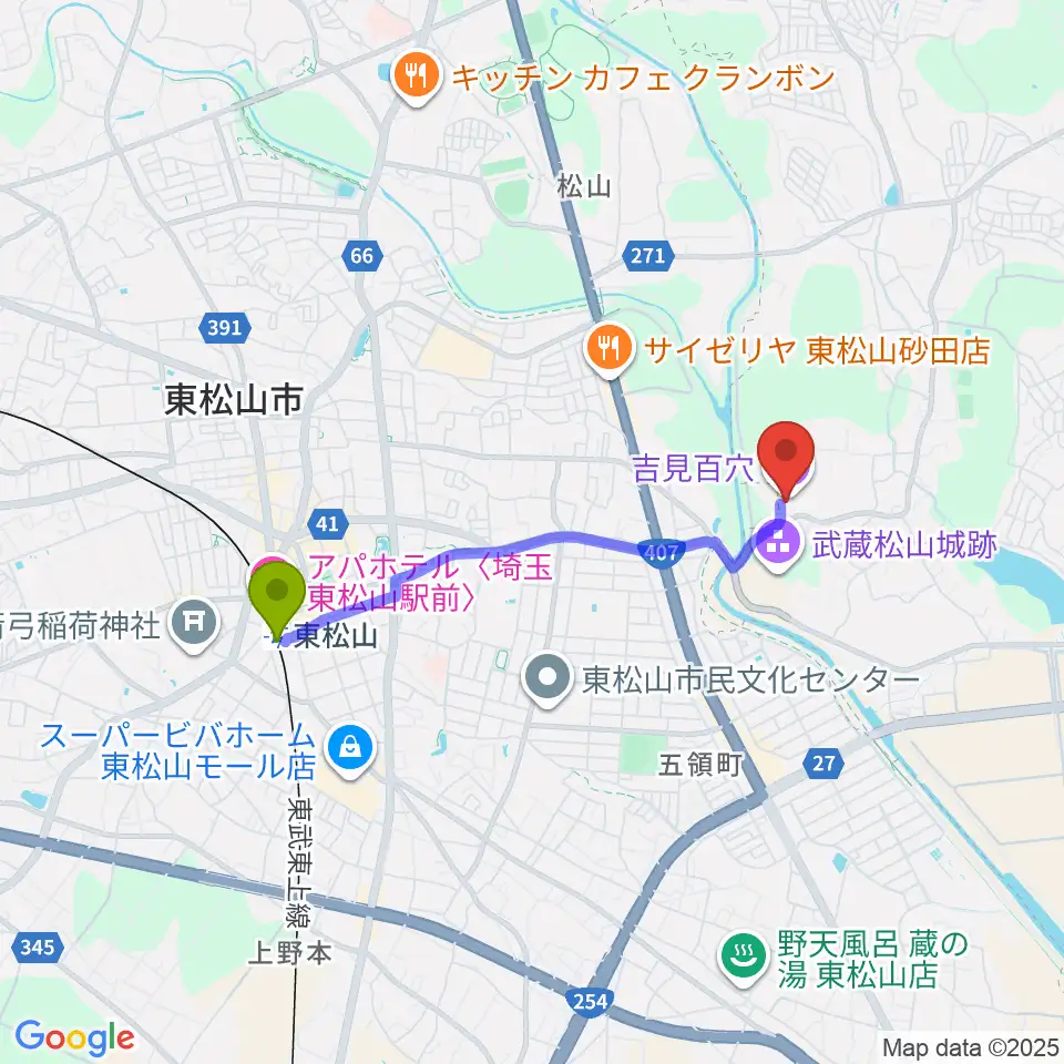 吉見町埋蔵文化財センターの最寄駅東松山駅からの徒歩ルート（約31分）地図