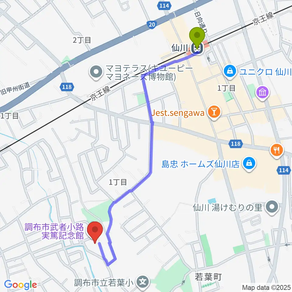 仙川駅から調布市武者小路実篤記念館へのルートマップ地図