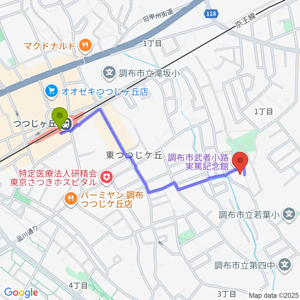 調布市武者小路実篤記念館の最寄駅つつじヶ丘駅からの徒歩ルート（約10分）地図
