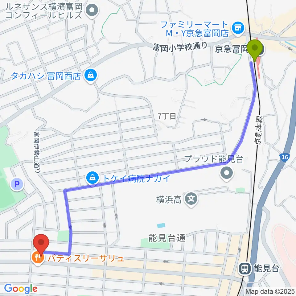 京急富岡駅からスタジオジャスト能見台本店へのルートマップ地図