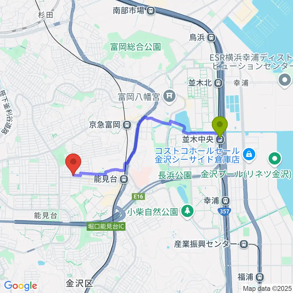 並木中央駅からスタジオジャスト能見台本店へのルートマップ地図