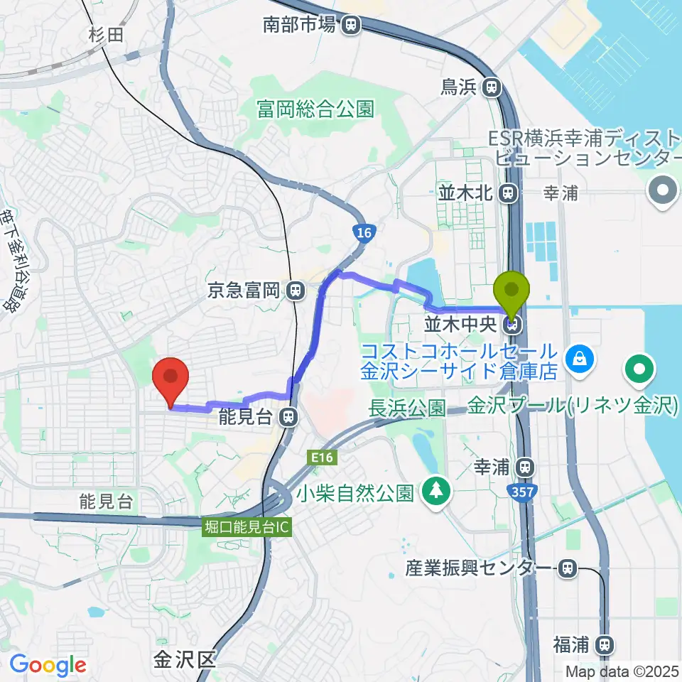 並木中央駅からスタジオジャスト能見台本店へのルートマップ地図