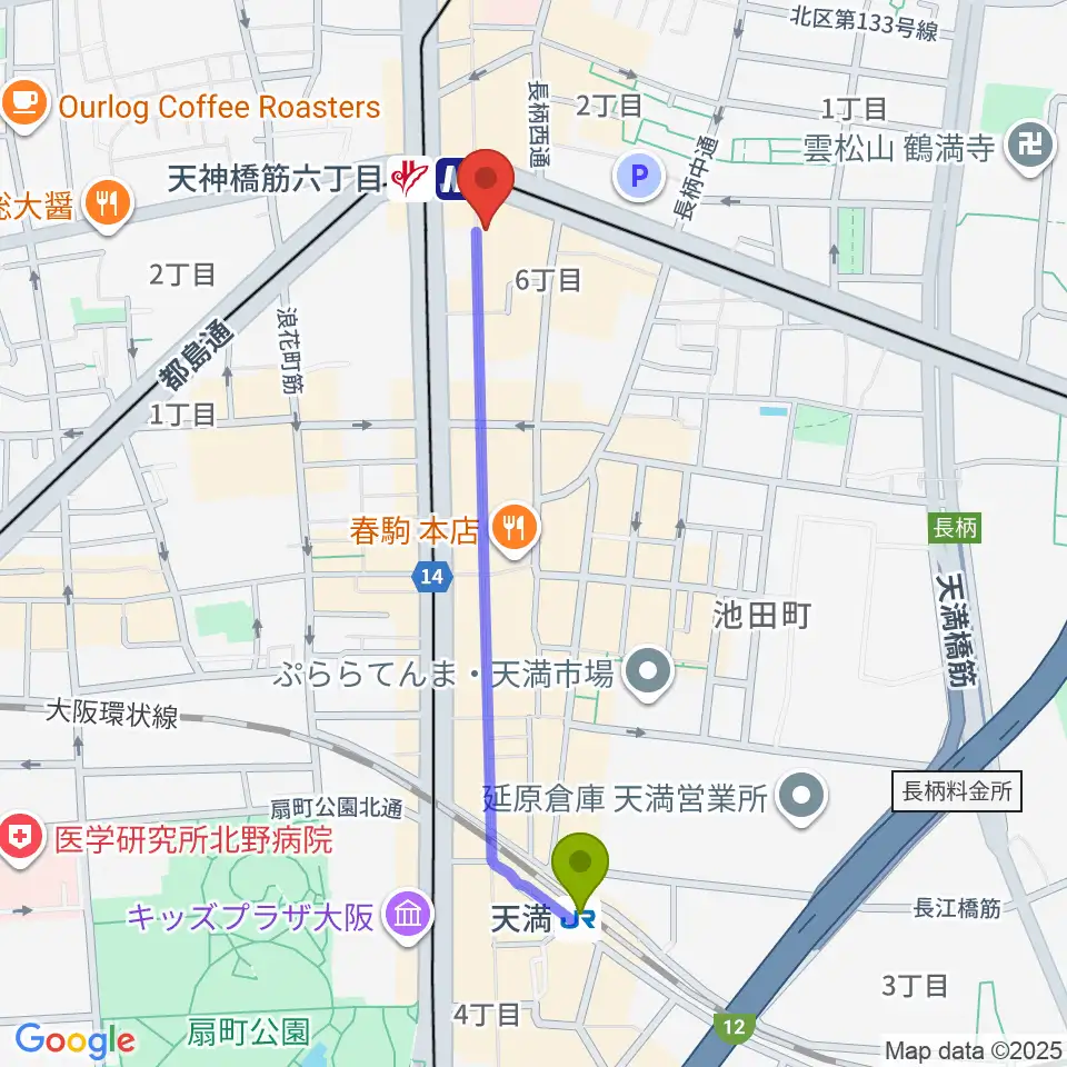 天満駅から大阪くらしの今昔館へのルートマップ地図