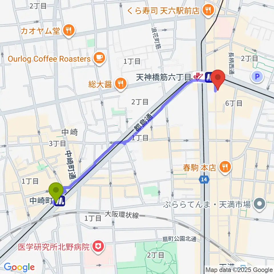 中崎町駅から大阪くらしの今昔館へのルートマップ地図