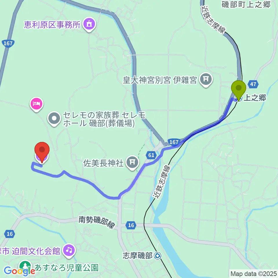 上之郷駅から志摩市歴史民俗資料館へのルートマップ地図