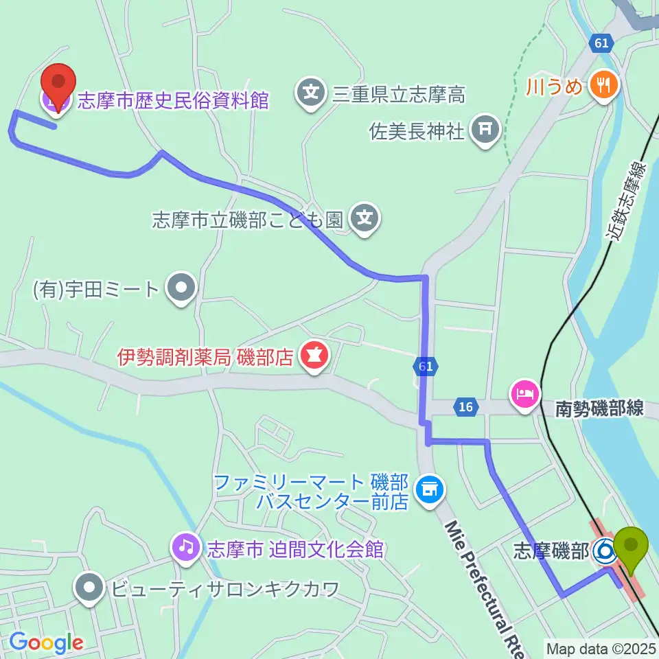 志摩市歴史民俗資料館の最寄駅志摩磯部駅からの徒歩ルート（約18分）地図