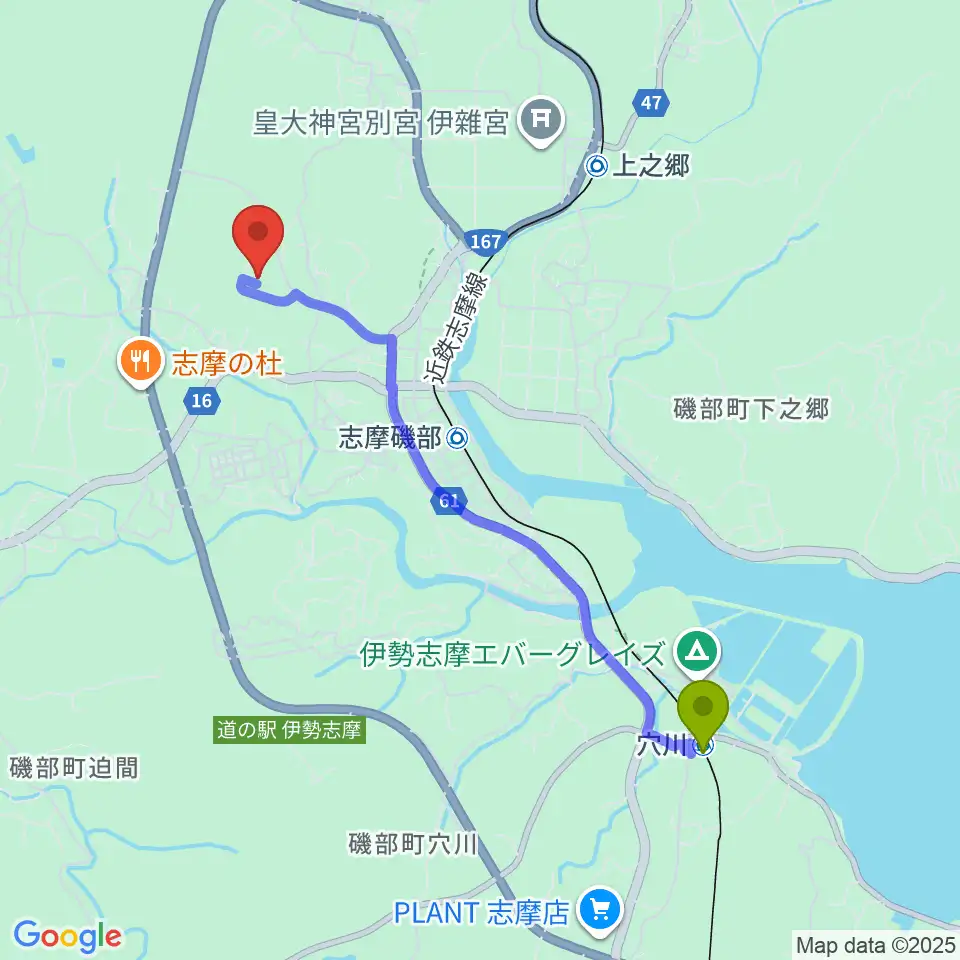 穴川駅から志摩市歴史民俗資料館へのルートマップ地図