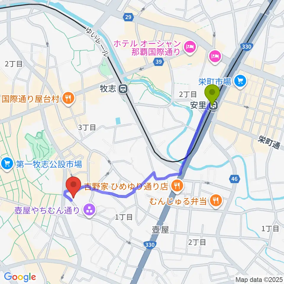 安里駅から那覇市立壺屋焼物博物館へのルートマップ地図
