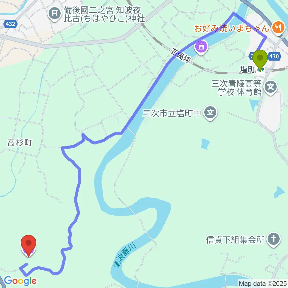 みよし風土記の丘ミュージアムの最寄駅塩町駅からの徒歩ルート（約32分）地図