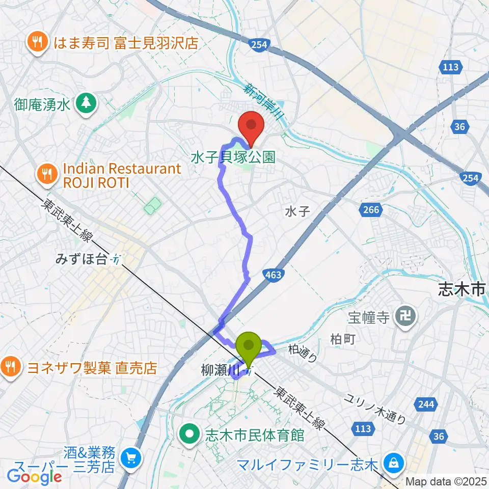 柳瀬川駅から水子貝塚資料館へのルートマップ地図