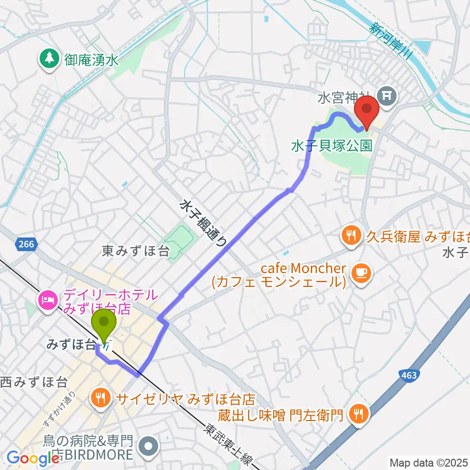 水子貝塚資料館の最寄駅みずほ台駅からの徒歩ルート（約22分）地図