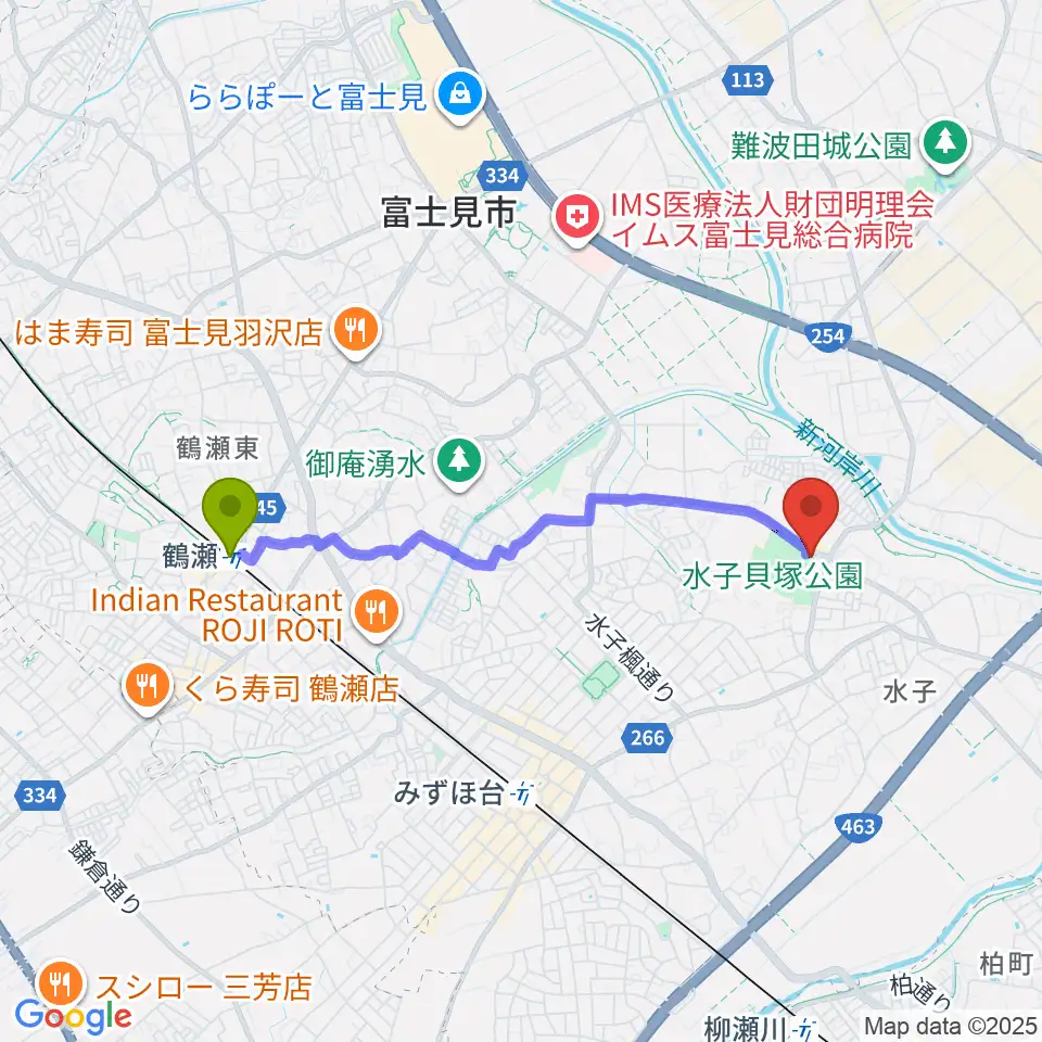 鶴瀬駅から水子貝塚資料館へのルートマップ地図
