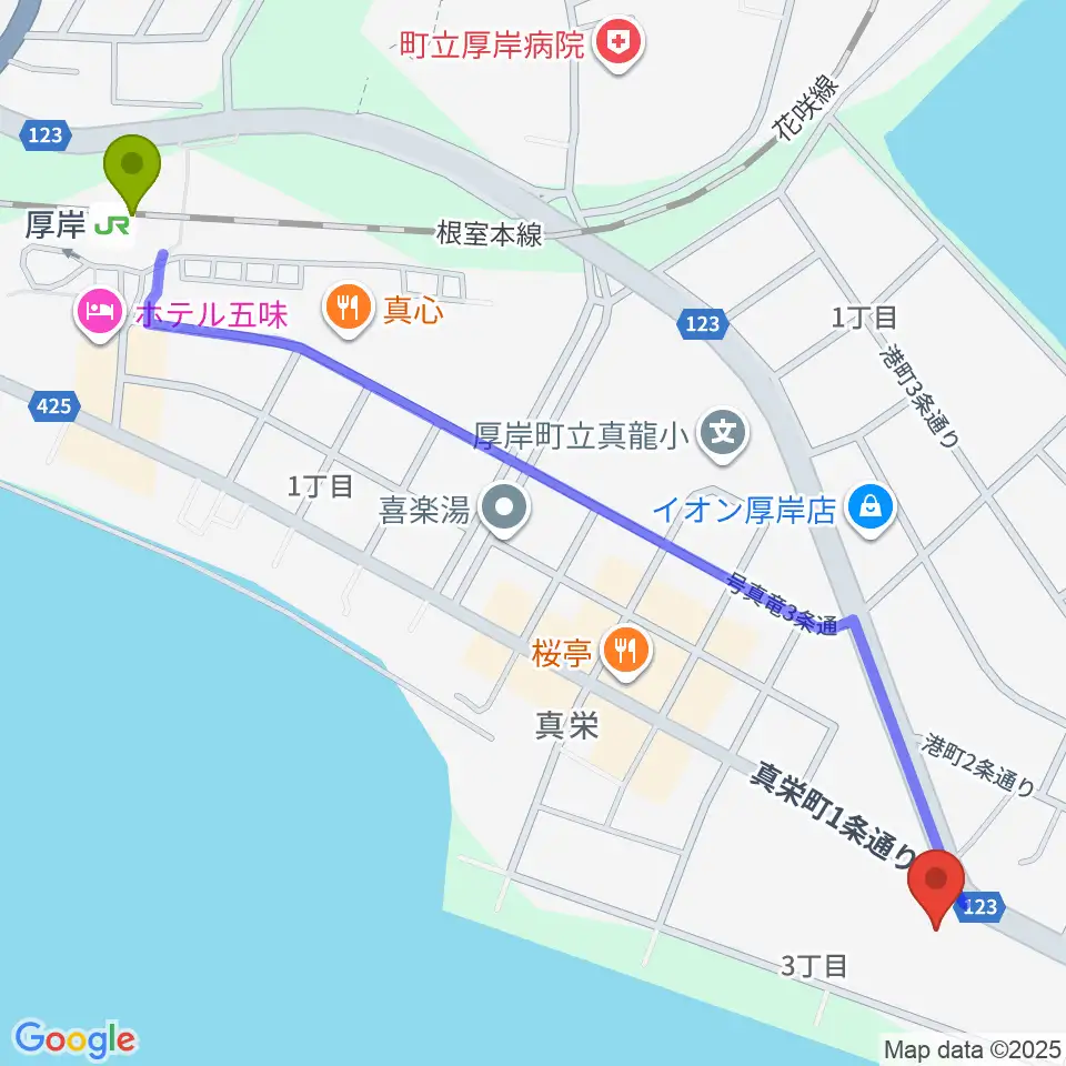 厚岸町海事記念館の最寄駅厚岸駅からの徒歩ルート（約14分）地図