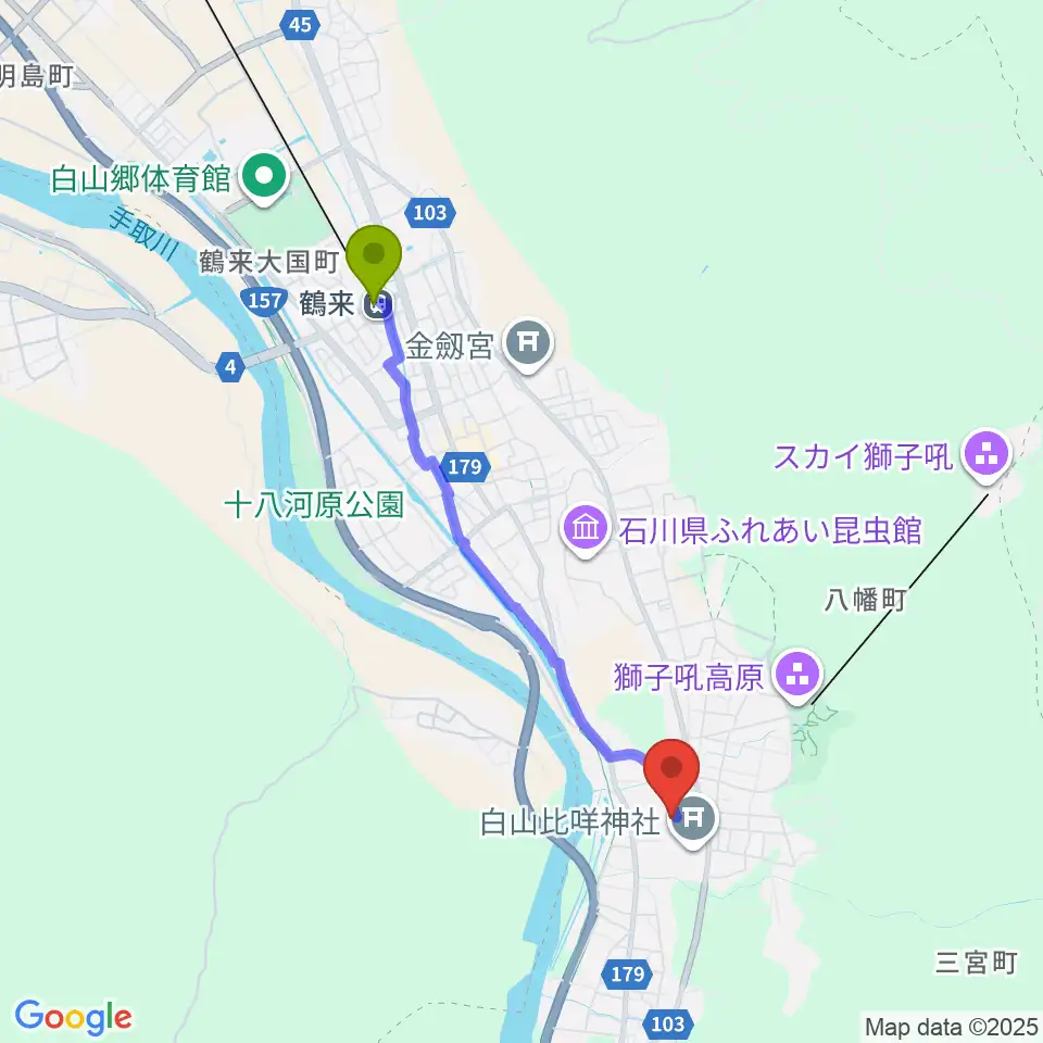 白山比咩神社宝物館の最寄駅鶴来駅からの徒歩ルート（約35分）地図