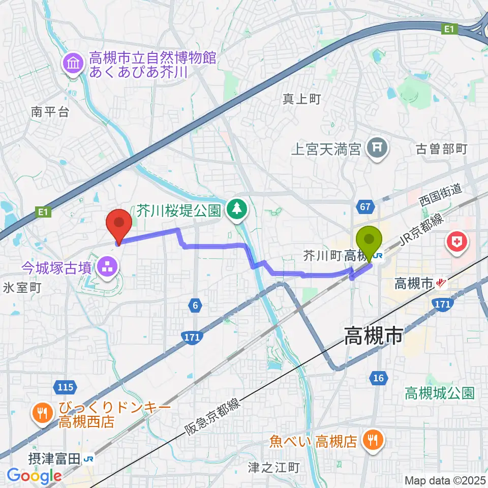 高槻駅から今城塚古代歴史館へのルートマップ地図