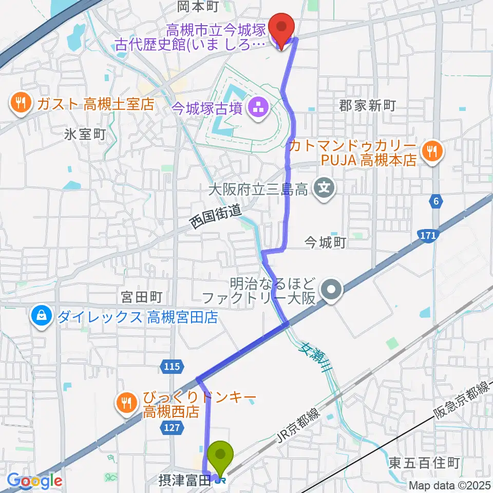 今城塚古代歴史館の最寄駅摂津富田駅からの徒歩ルート（約27分）地図