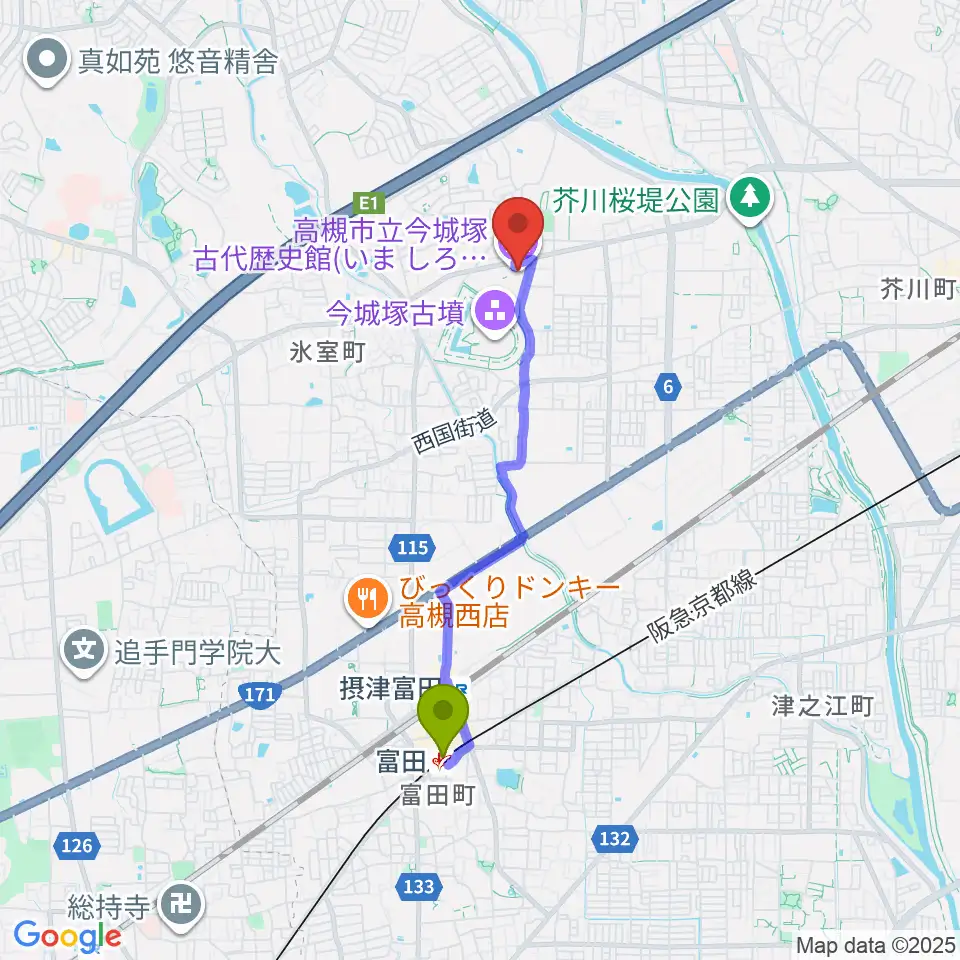 富田駅から今城塚古代歴史館へのルートマップ地図