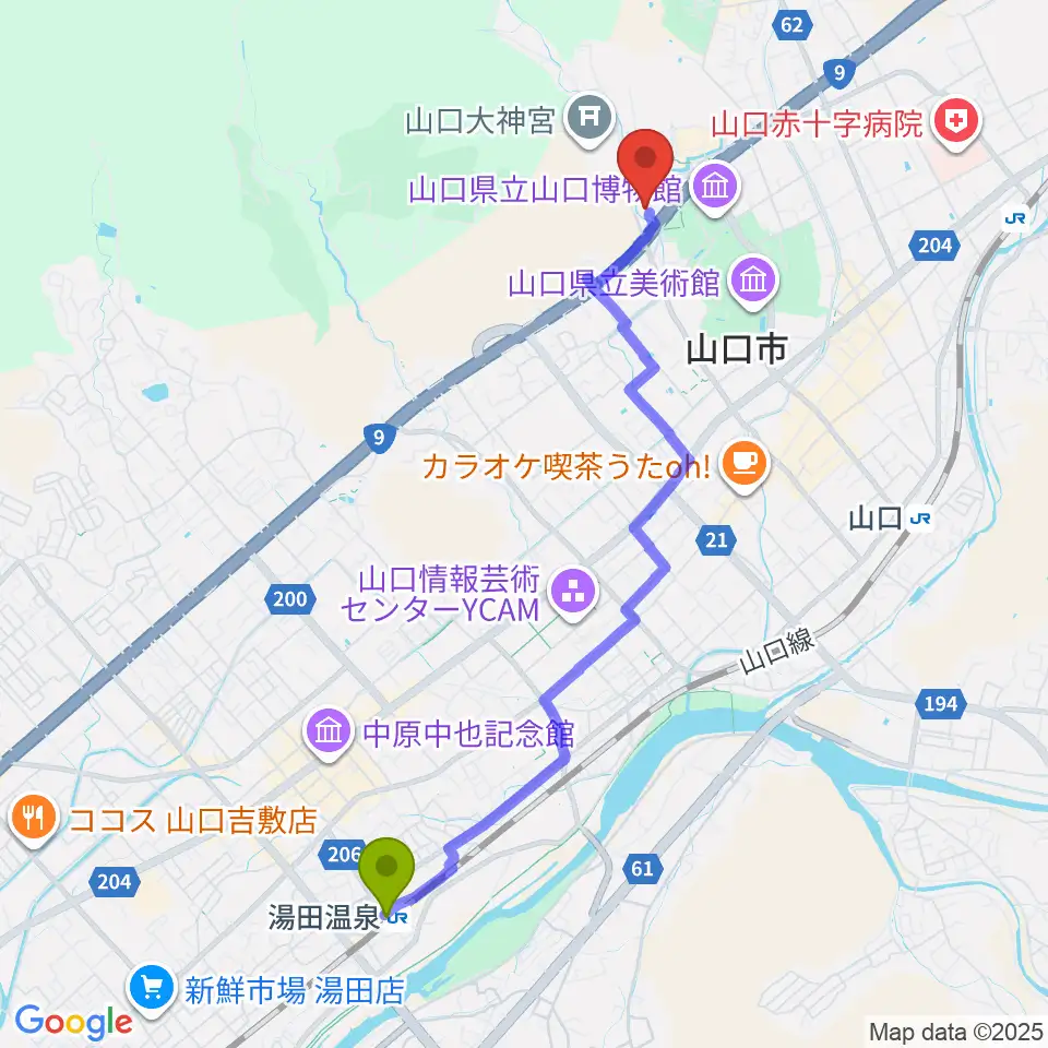 湯田温泉駅から山口市歴史民俗資料館へのルートマップ地図