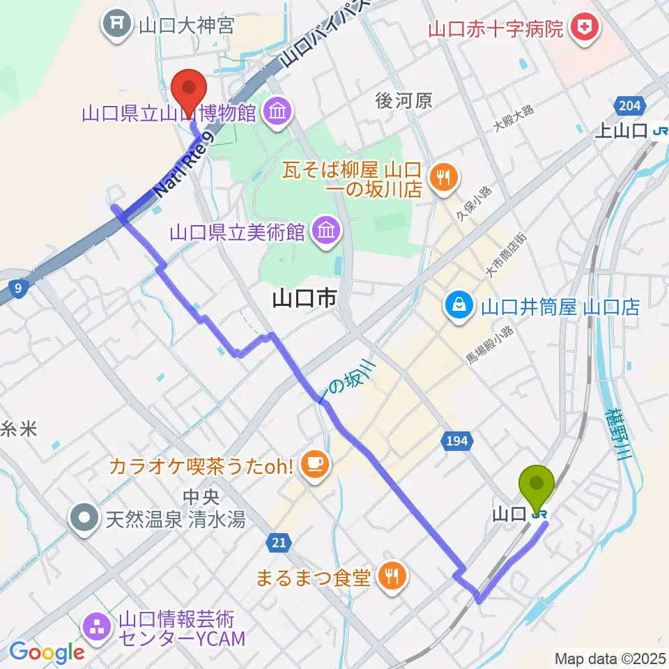 山口駅から山口市歴史民俗資料館へのルートマップ地図