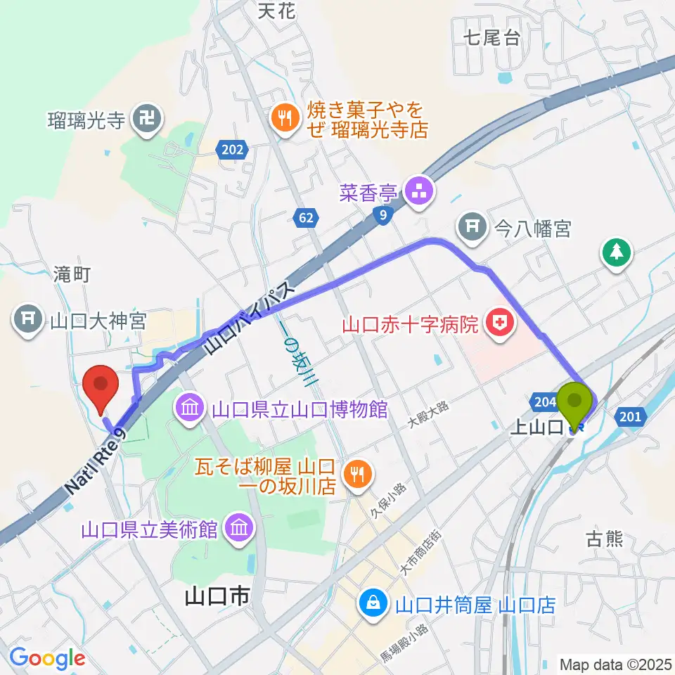 山口市歴史民俗資料館の最寄駅上山口駅からの徒歩ルート（約22分）地図