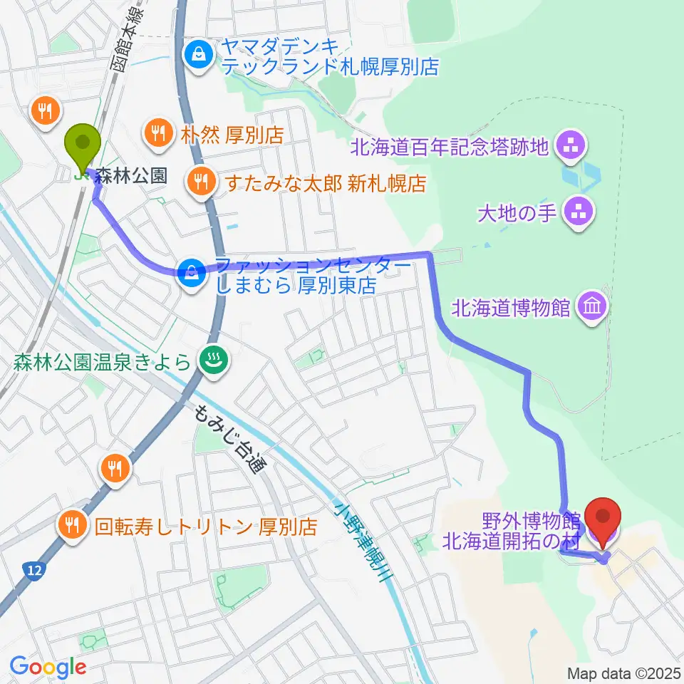 野外博物館 北海道開拓の村の最寄駅森林公園駅からの徒歩ルート（約26分）地図