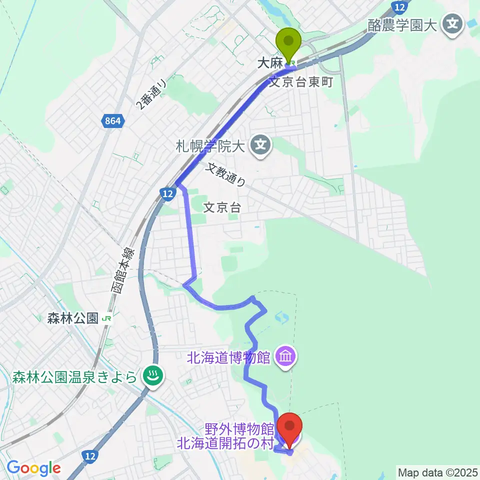 大麻駅から野外博物館 北海道開拓の村へのルートマップ地図