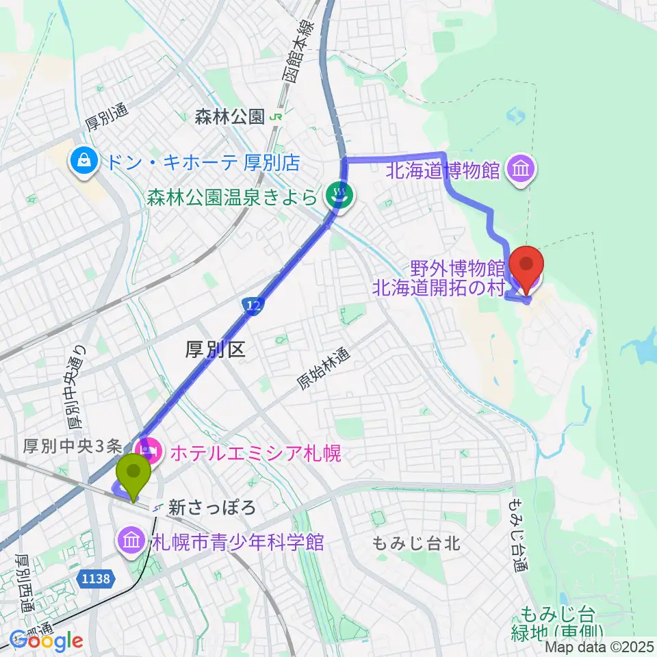 新札幌駅から野外博物館 北海道開拓の村へのルートマップ地図