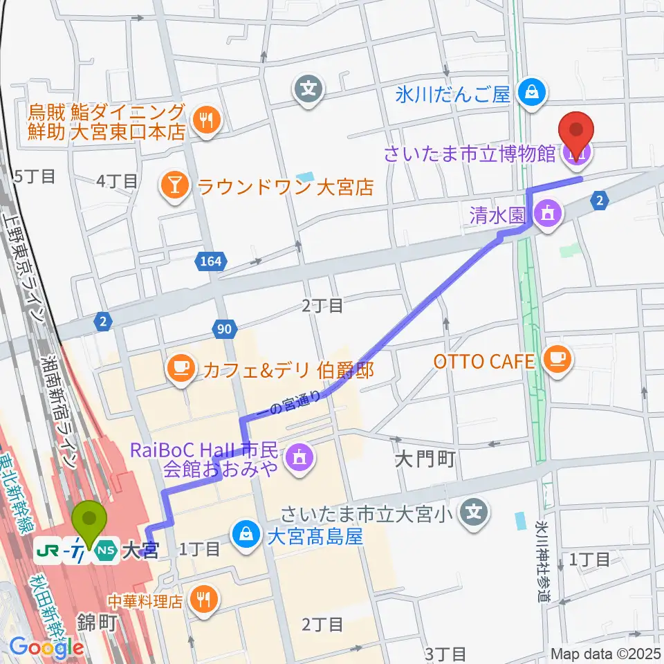 さいたま市立博物館の最寄駅大宮駅からの徒歩ルート（約15分）地図