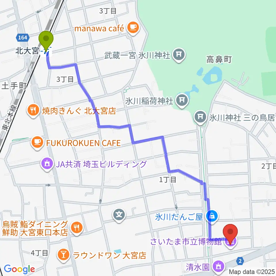 北大宮駅からさいたま市立博物館へのルートマップ地図