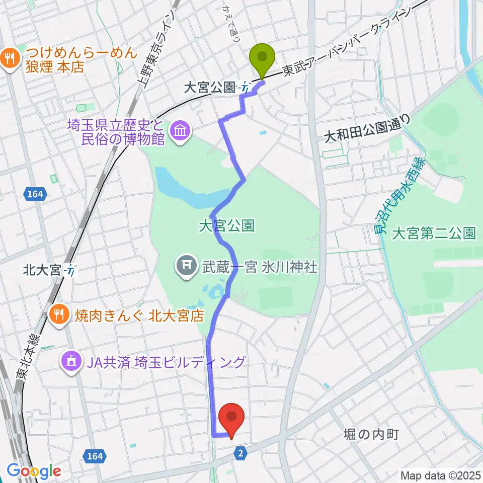 大宮公園駅からさいたま市立博物館へのルートマップ地図