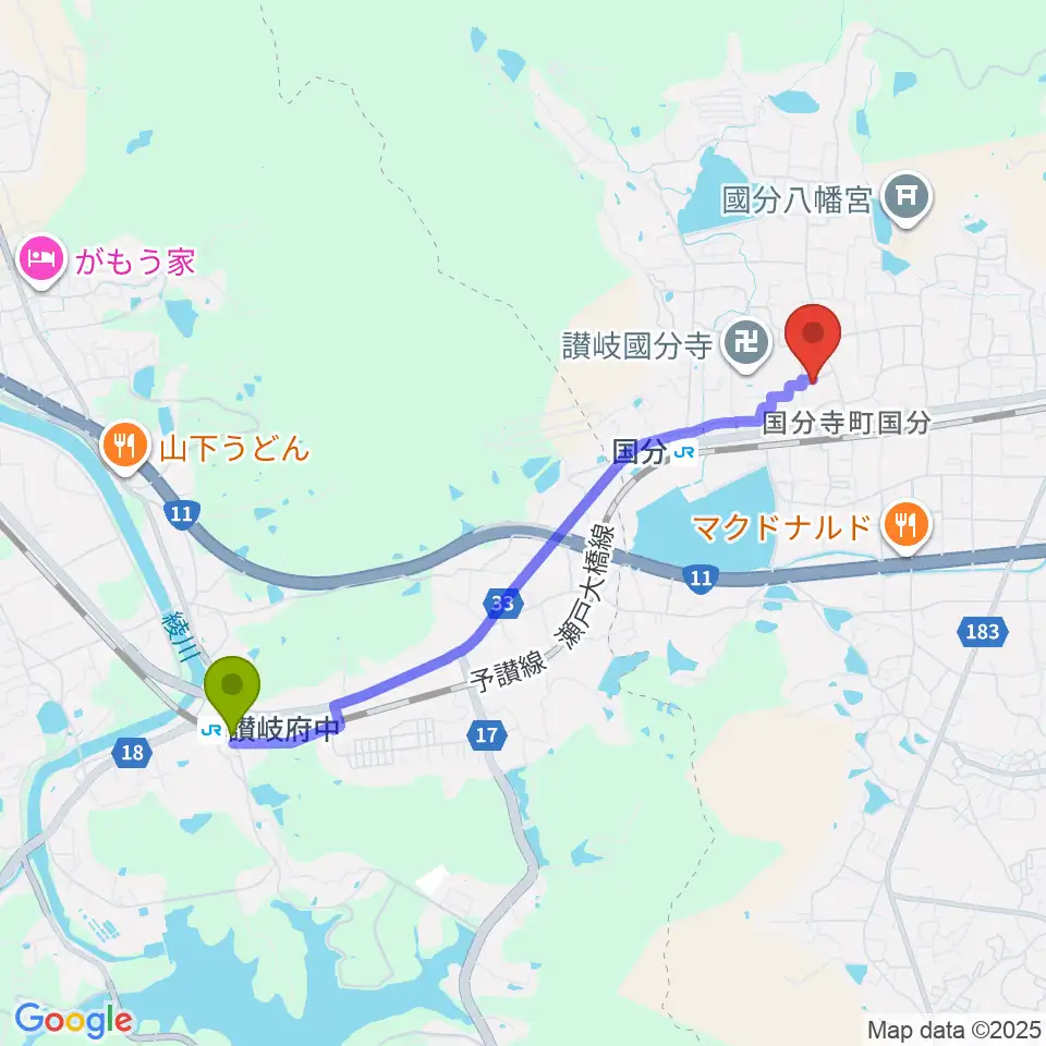讃岐府中駅から高松市讃岐国分寺跡資料館へのルートマップ地図