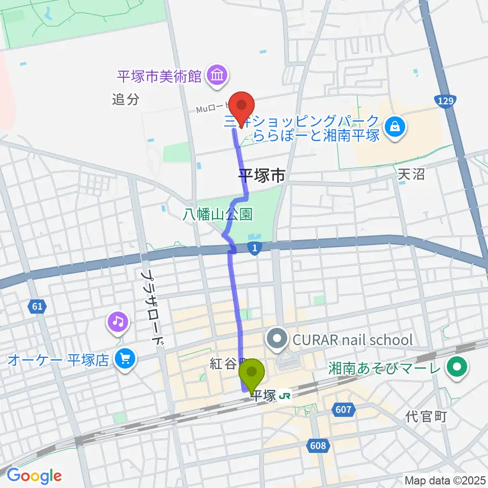 平塚市博物館の最寄駅平塚駅からの徒歩ルート（約17分）地図