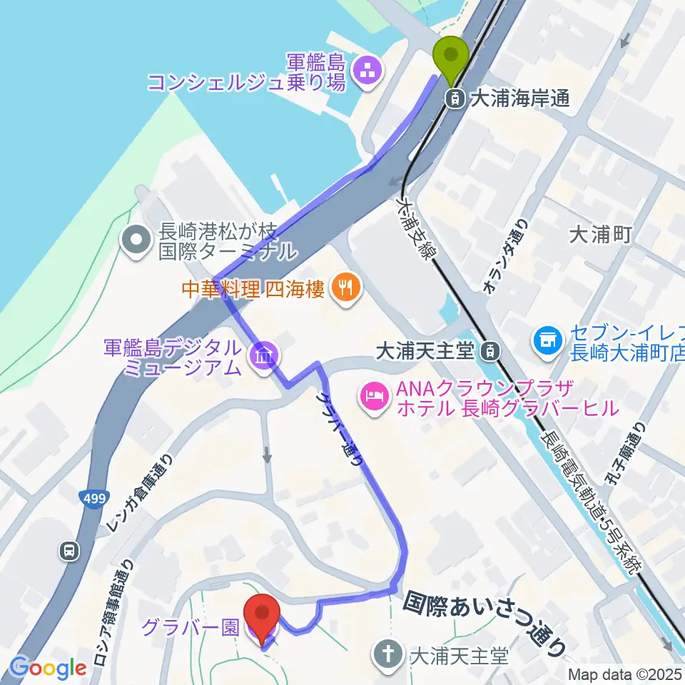 大浦海岸通駅からグラバー園へのルートマップ地図