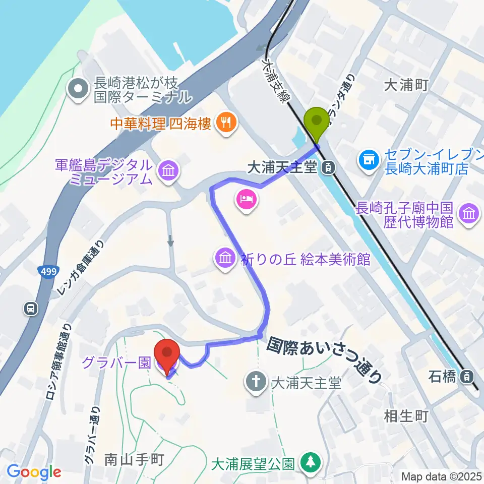 グラバー園の最寄駅大浦天主堂駅からの徒歩ルート（約5分）地図