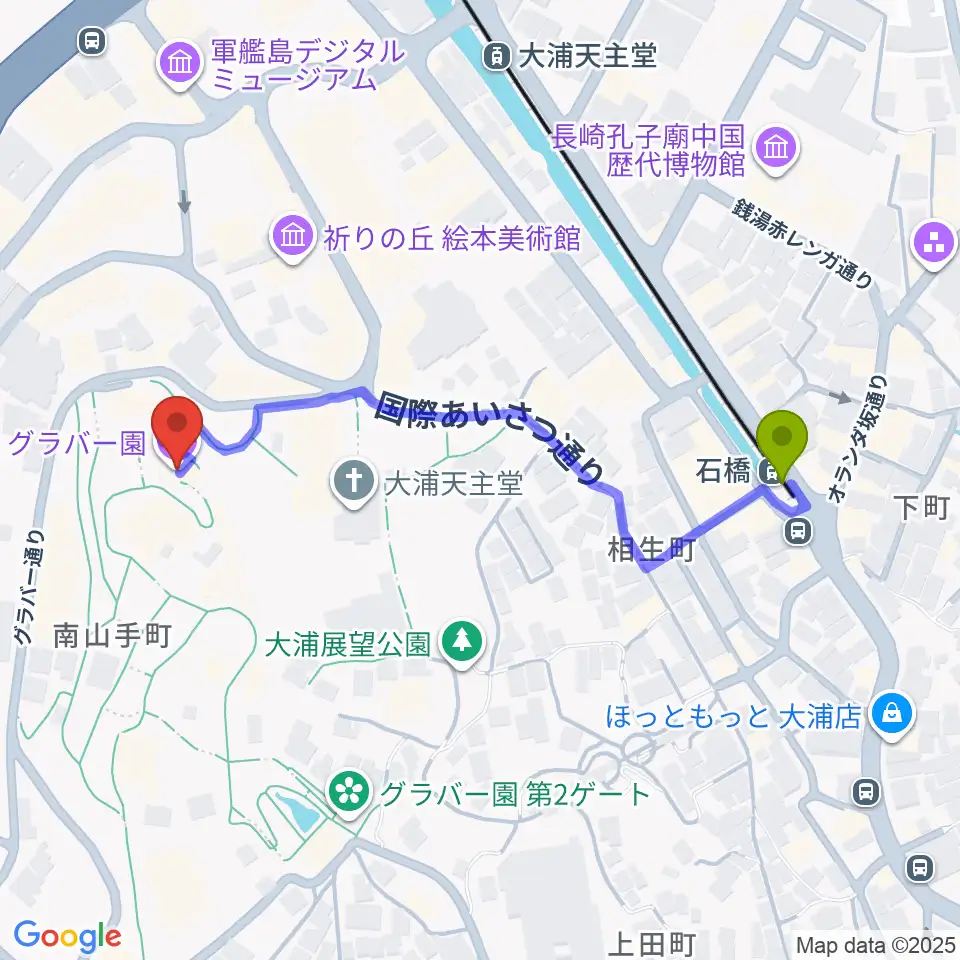 石橋駅からグラバー園へのルートマップ地図