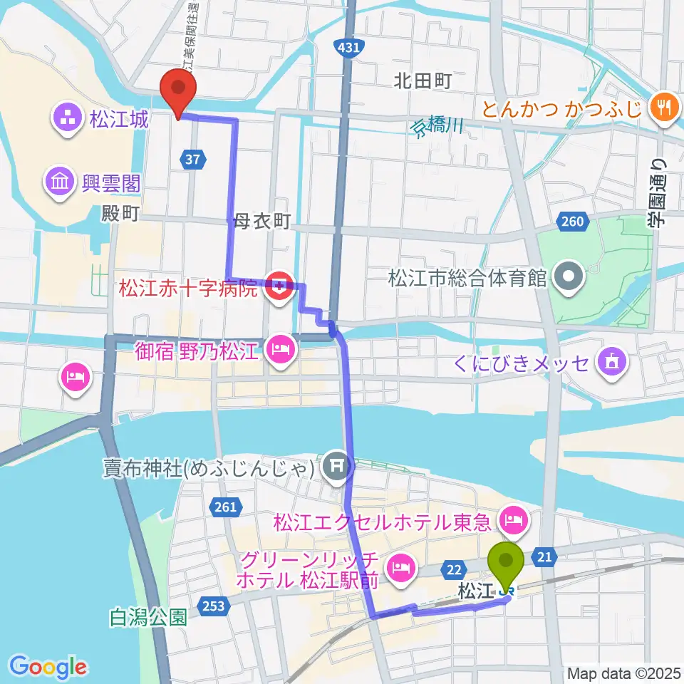 松江駅から松江ホーランエンヤ伝承館へのルートマップ地図