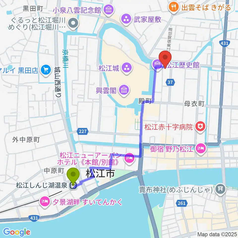 松江ホーランエンヤ伝承館の最寄駅松江しんじ湖温泉駅からの徒歩ルート（約19分）地図