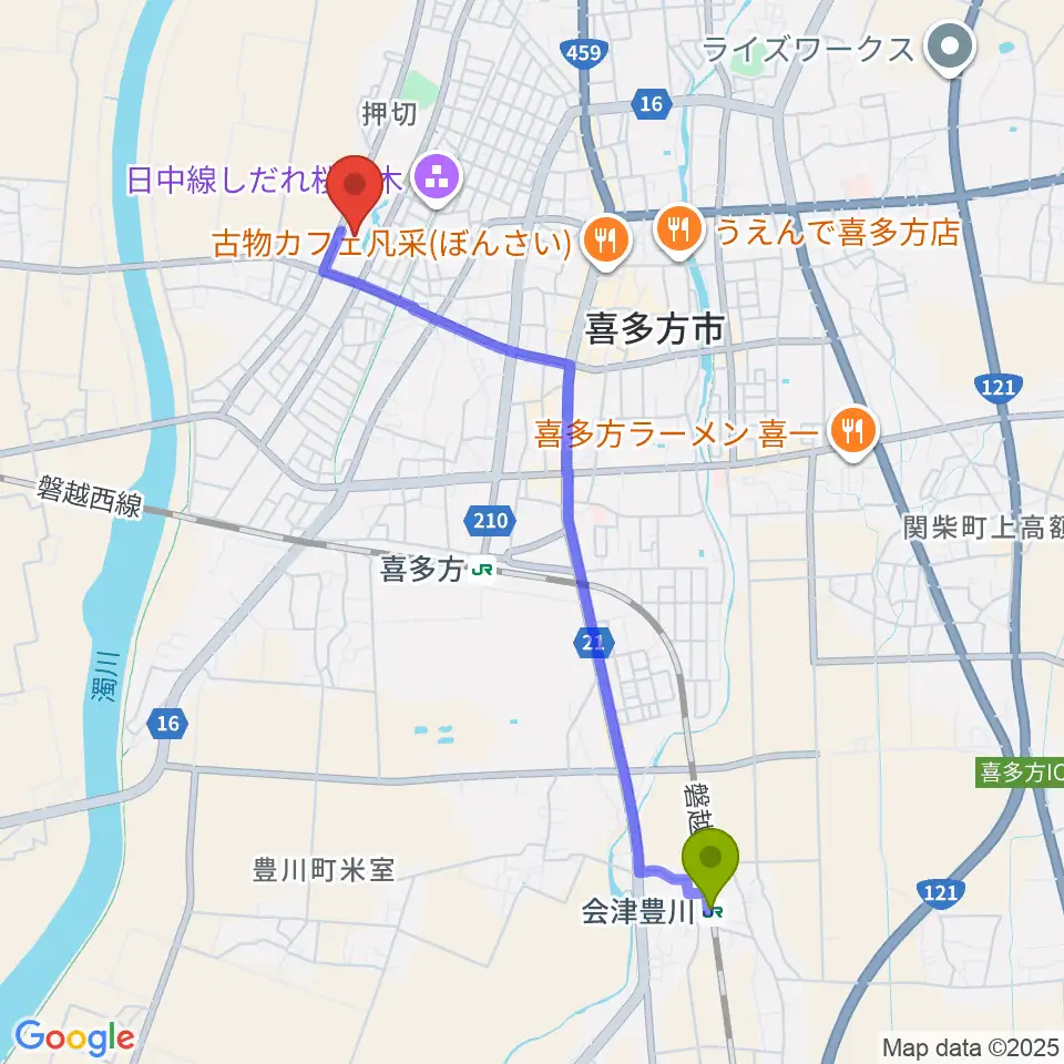 会津豊川駅から押切川公園レゾナック体育館へのルートマップ地図