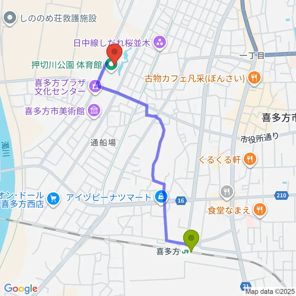 押切川公園レゾナック体育館の最寄駅喜多方駅からの徒歩ルート（約21分）地図