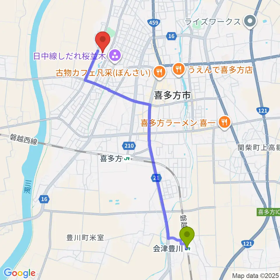 会津豊川駅から押切川公園レゾナックスポーツ広場へのルートマップ地図