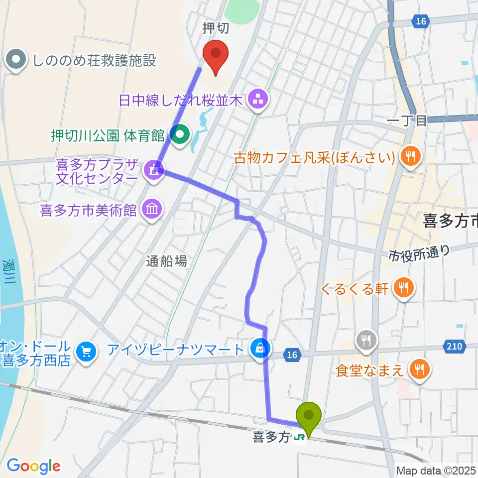 押切川公園レゾナックスポーツ広場の最寄駅喜多方駅からの徒歩ルート（約24分）地図