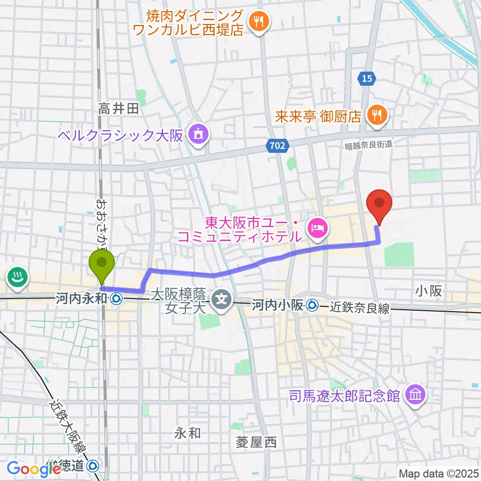 ＪＲ河内永和駅から大阪商業大学商業史博物館へのルートマップ地図