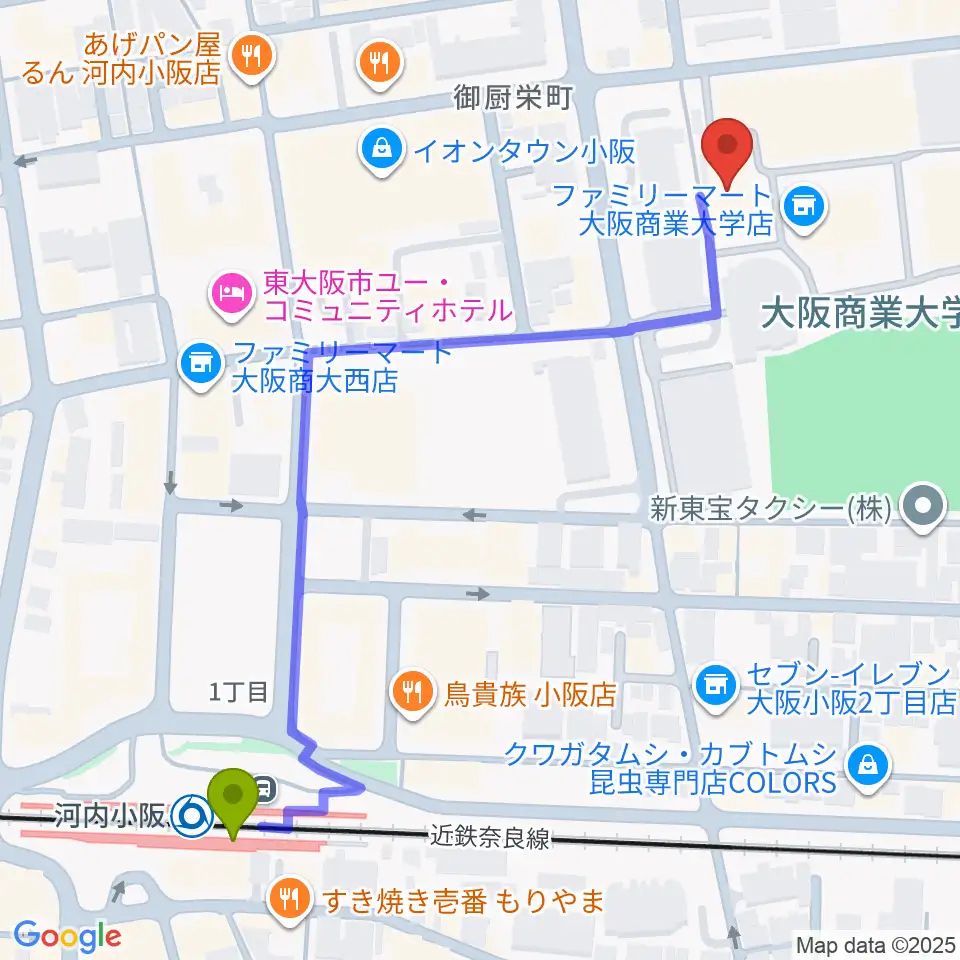 大阪商業大学商業史博物館の最寄駅河内小阪駅からの徒歩ルート（約7分）地図
