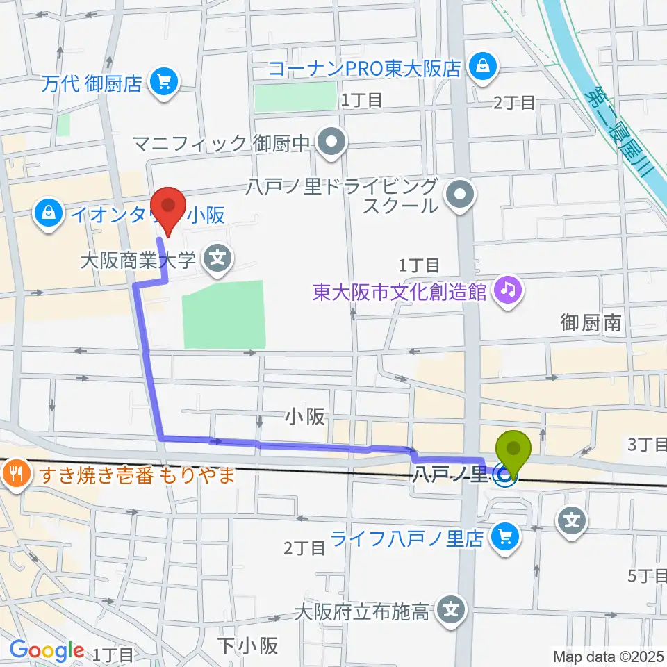 八戸ノ里駅から大阪商業大学商業史博物館へのルートマップ地図