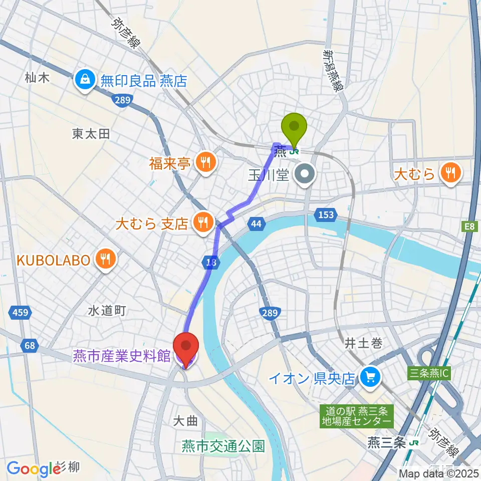 燕駅から燕市産業史料館へのルートマップ地図