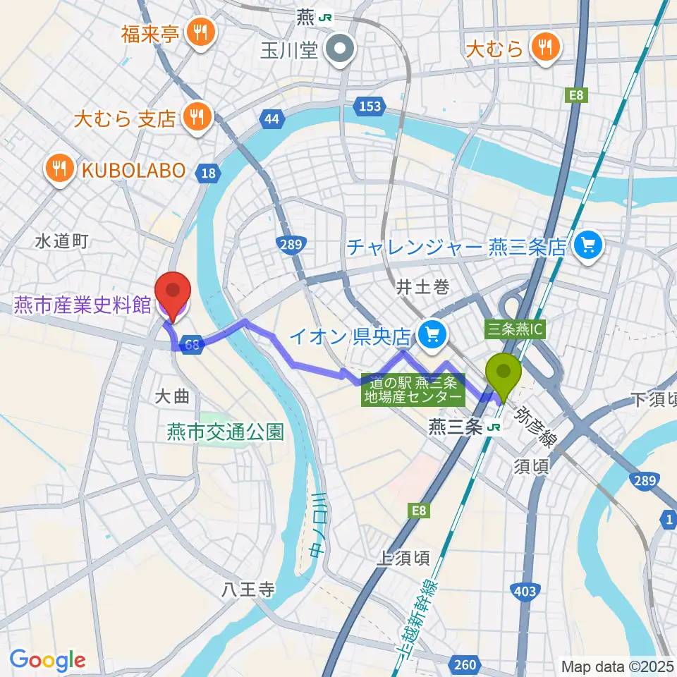 燕市産業史料館の最寄駅燕三条駅からの徒歩ルート（約30分）地図