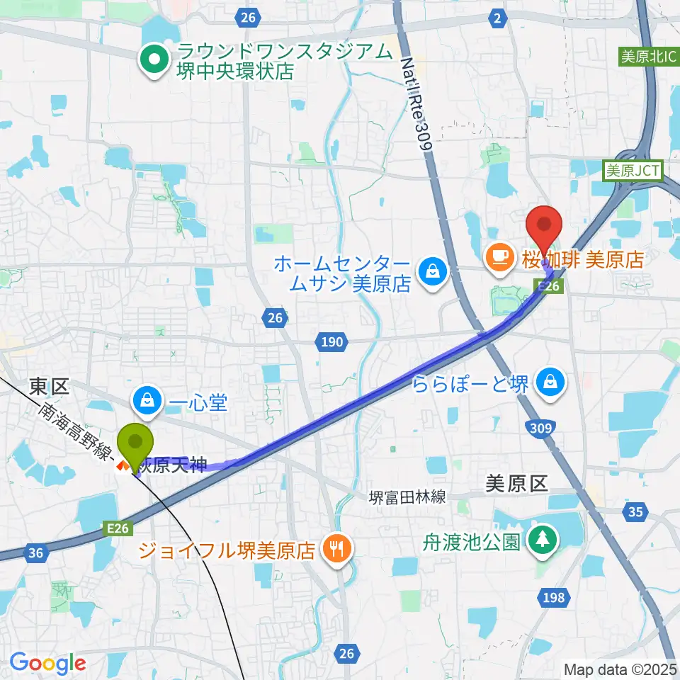 堺市立みはら歴史博物館の最寄駅萩原天神駅からの徒歩ルート（約43分）地図