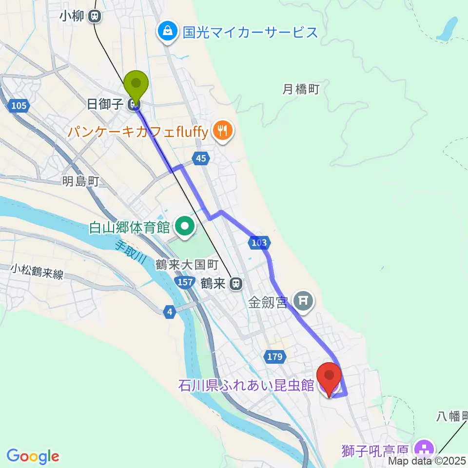 日御子駅から石川県ふれあい昆虫館へのルートマップ地図