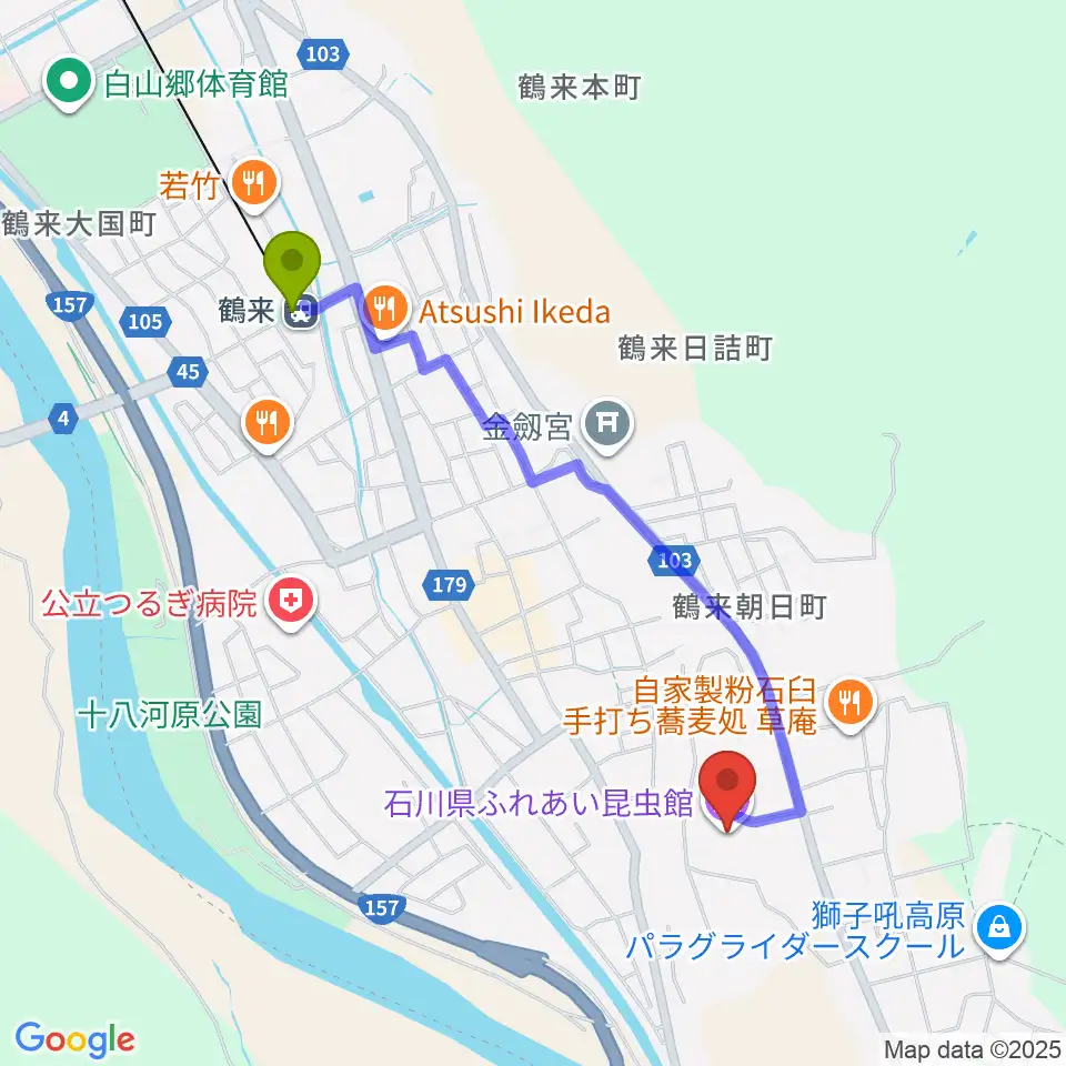 石川県ふれあい昆虫館の最寄駅鶴来駅からの徒歩ルート（約20分）地図